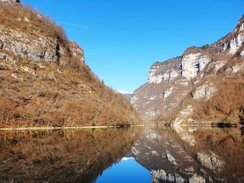 Reflection of mountain in lake against clear blue sky