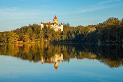 Scenic view of lake by building against sky