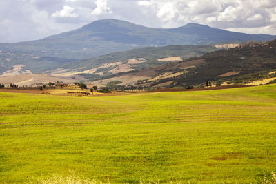 Scenic view of landscape and mountains against sky