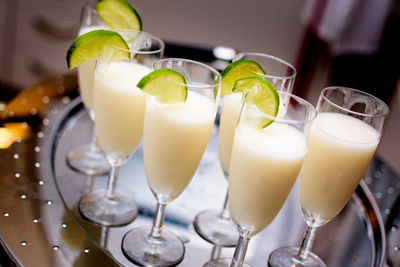 Close-up of drink in glasses on table