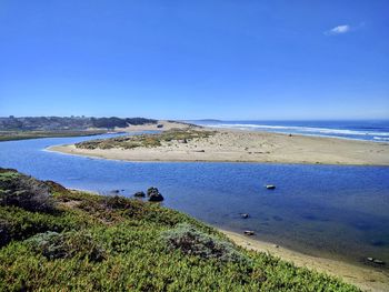 Scenic view of sea against clear blue sky