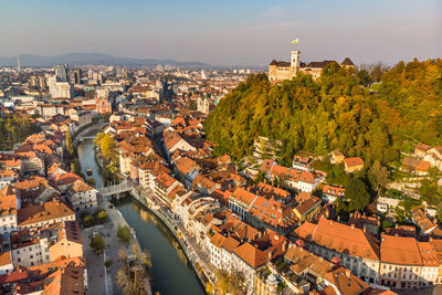 High angle shot of townscape against sky