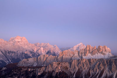 Scenic view of snowcapped mountains against clear blue sky