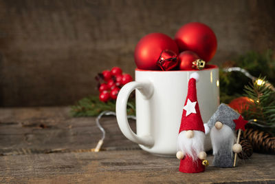 Close-up of christmas decorations on table