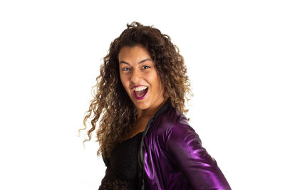 Portrait of smiling woman against white background