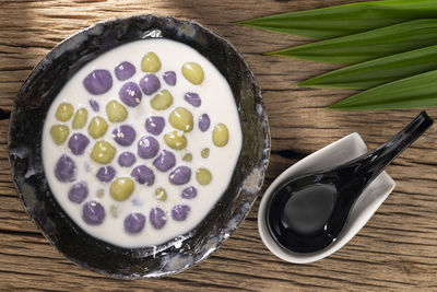 High angle view of breakfast on table