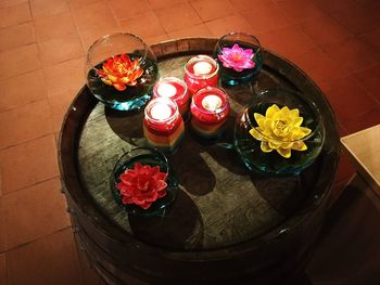 High angle view of various flowers on table