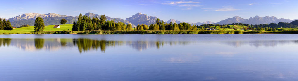 Wide angle view to mountain range with reflection in lake in bavaria