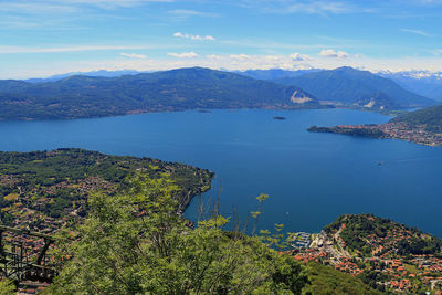 High angle view of lake and mountains against sky