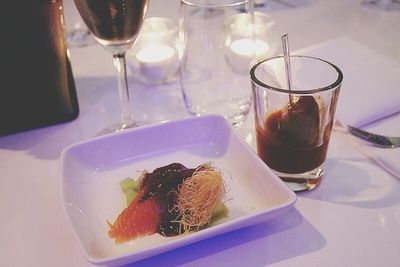 Close-up of served food on table