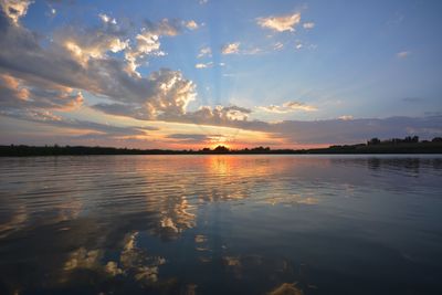 Scenic view of lake against cloudy sky