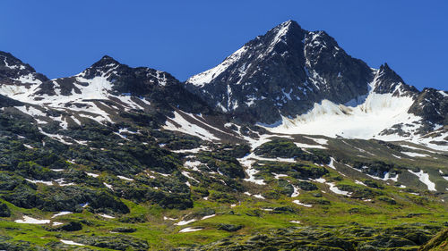 Scenic view of snowcapped mountains against clear blue sky