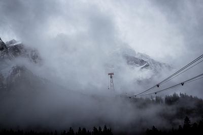 Low angle view of snow covered mountains against sky