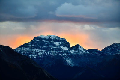 Scenic view of snowcapped mountains against sky during sunset