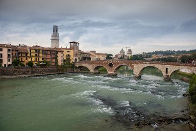 Bridge over river in city against sky