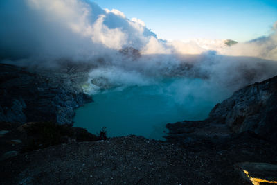 Smoke emitting from volcanic mountain against sky