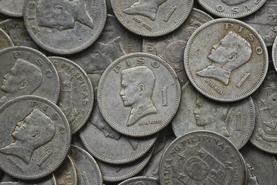 Full frame shot of coins on metal