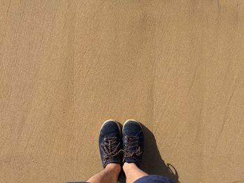 Low section of man standing at beach on sunny day