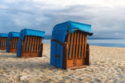 Beach scenery, sand and beach chairs, on ruegen island, at baltic sea, germany. binz beach resort. 