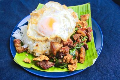 High angle view of breakfast served in plate