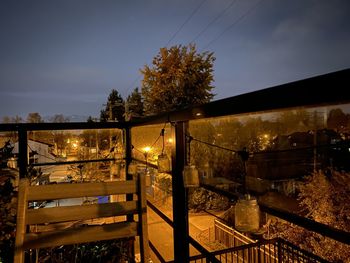 Trees by illuminated building against sky at night