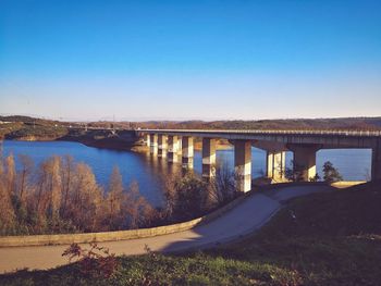 Bridge over river against clear blue sky