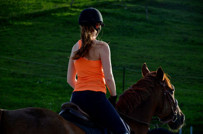 Rear view of woman riding horse on field