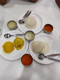 High angle view of meal served on table