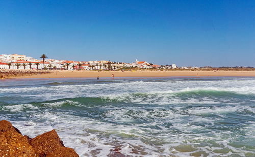 Scenic view of sea against clear blue sky