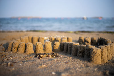 Sand sculpture on beach against sky