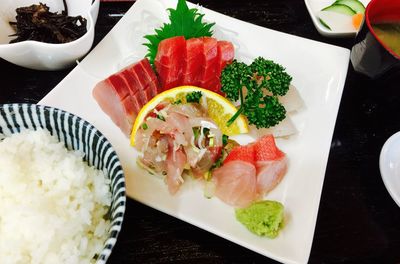 Close-up of food served on table