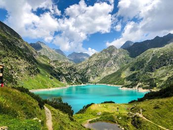 Scenic view of lake by mountains against sky