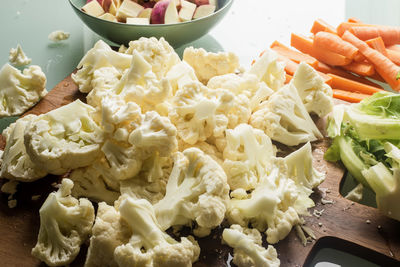 High angle view of chopped vegetables on table