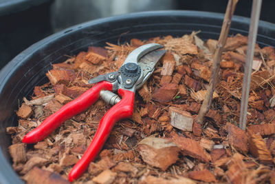 High angle view of pliers on wood shaving