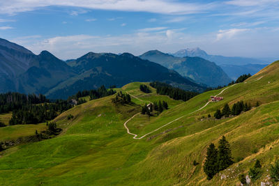 Panoramic view of swiss mountains and lake lucerne.