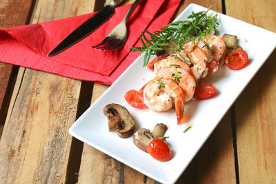 High angle view of meal served on table