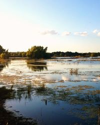 Scenic view of lake against sky at sunset