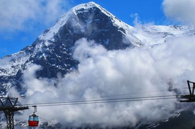 Low angle view of snowcapped mountains against sky