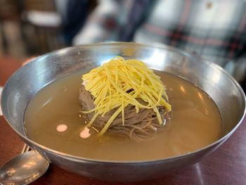 High angle view of soup in bowl on table