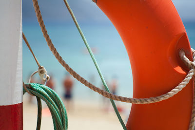 Close-up of rope on boat against sky