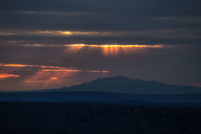 Scenic view of silhouette mountain against sky during sunset