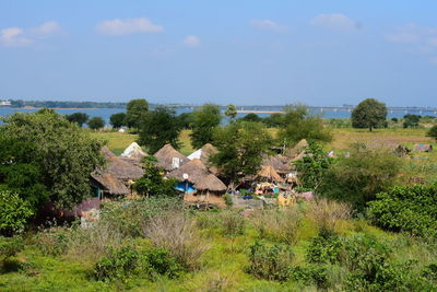 Panoramic view of trees and houses against sky