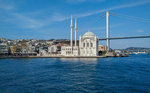 View of buildings at waterfront against cloudy sky