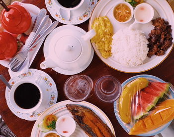 High angle view of food served on table