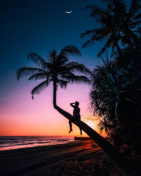 Silhouette man sitting on palm tree at beach during sunset