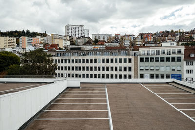 View of city buildings against cloudy sky