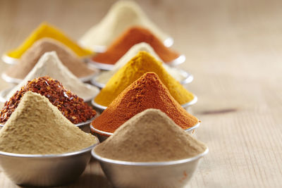 Close-up of various spices in containers on table