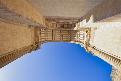 Low angle view of historical building against clear blue sky