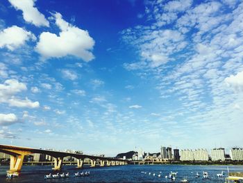 Bridge over river with city in background