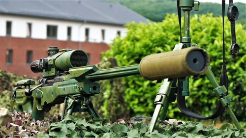 Close-up of metal equipment on field